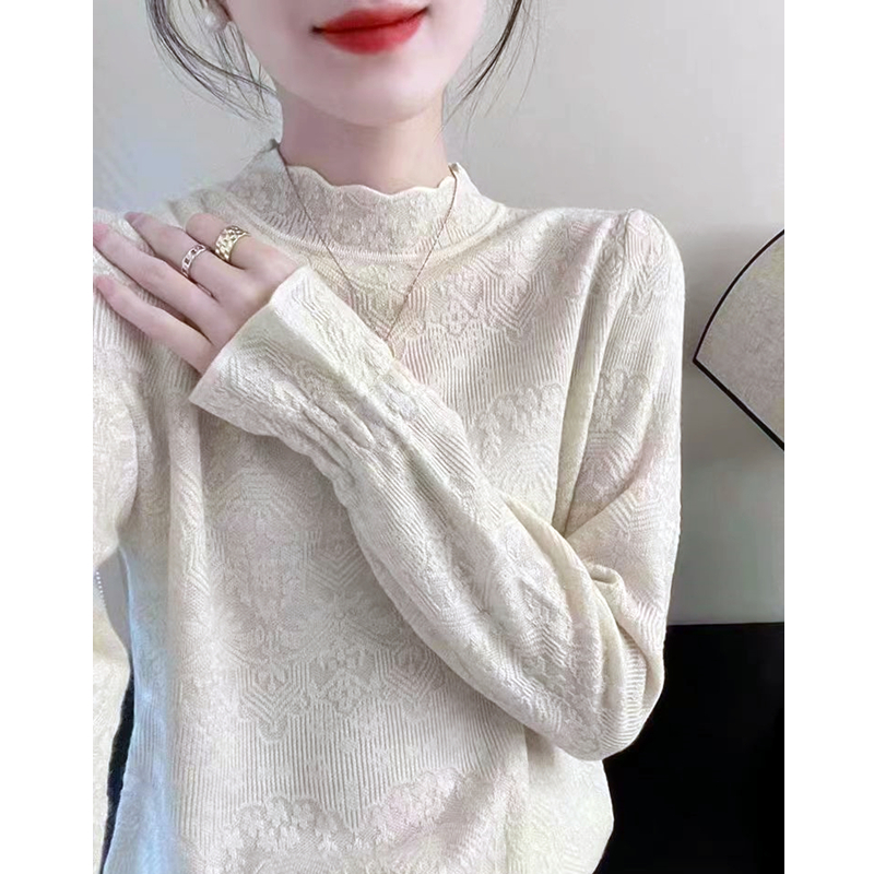 花瓣领精美提花宽松半高领秋冬打底针织衫套头毛衣10061