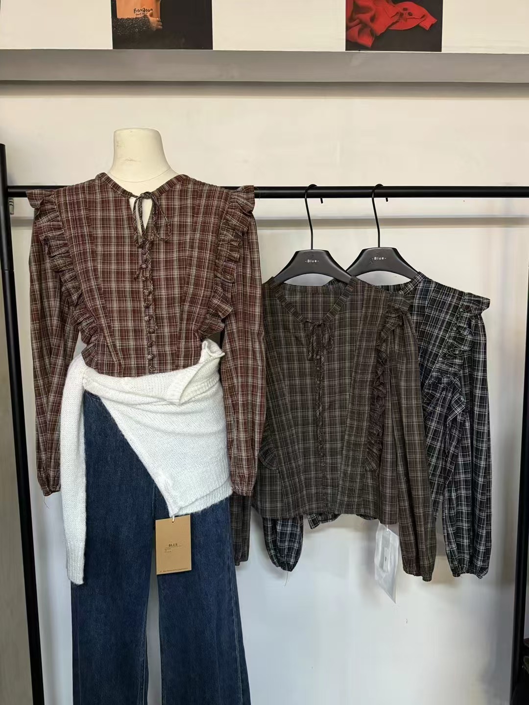 blue（3201#库）时尚格子拼接上衣  KC