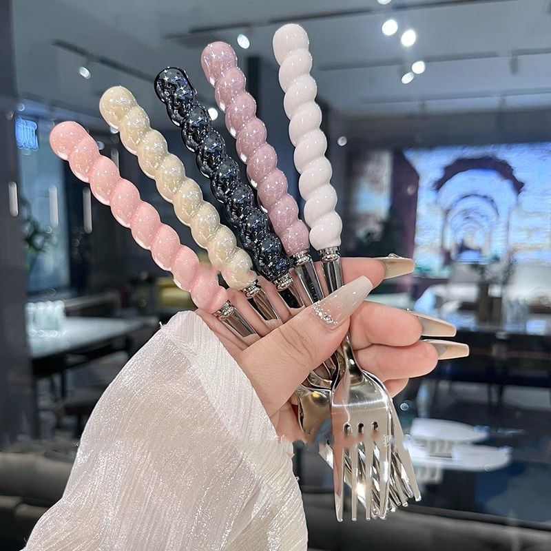 高颜值304不锈钢西餐叉少女心高档牛排意面叉子大号点心水果叉