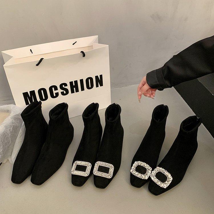 方头内增高短靴法式瘦瘦靴绒面水钻平底袜靴女士百搭宴会鞋子秋冬