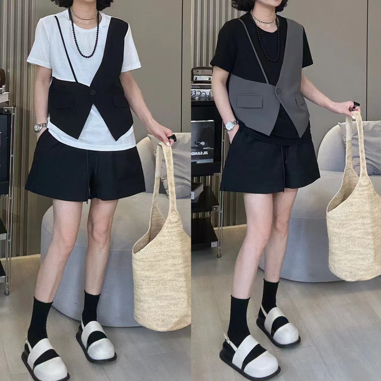 DaYuan  原创设计拼接马甲短袖上衣+短裤休闲两件套1001