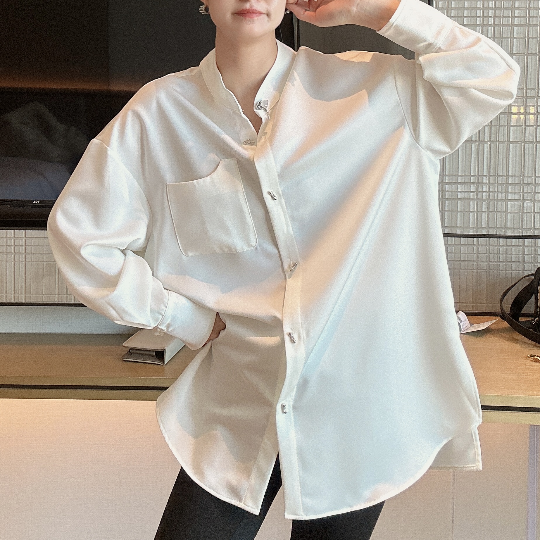 DaYuan  新中式国风缎面不规则丸子扣宽松显瘦衬衫欧货9083