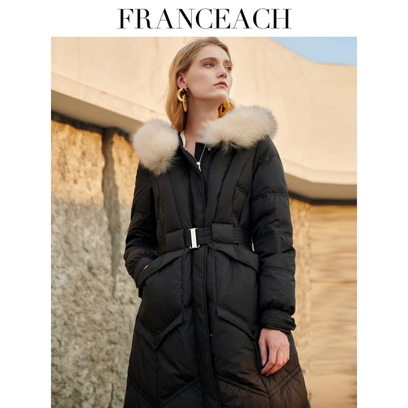 法涵意弛羽绒服女中长款2025冬季新款狐狸毛领加厚白鸭绒连帽外套