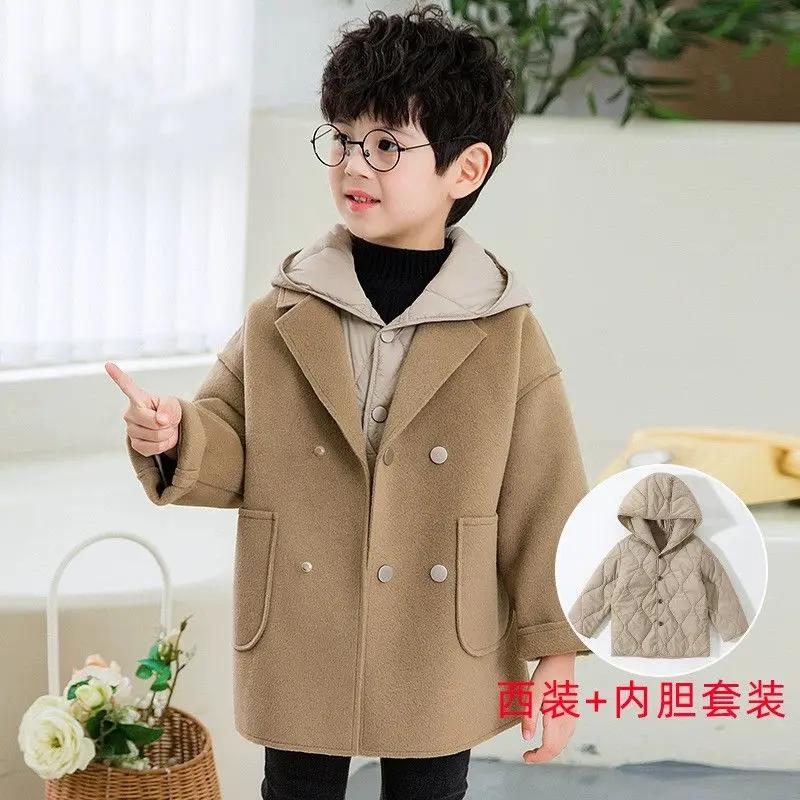 男童呢子大衣毛呢外套2023秋冬新款儿童宝宝洋气双面呢大衣加内胆