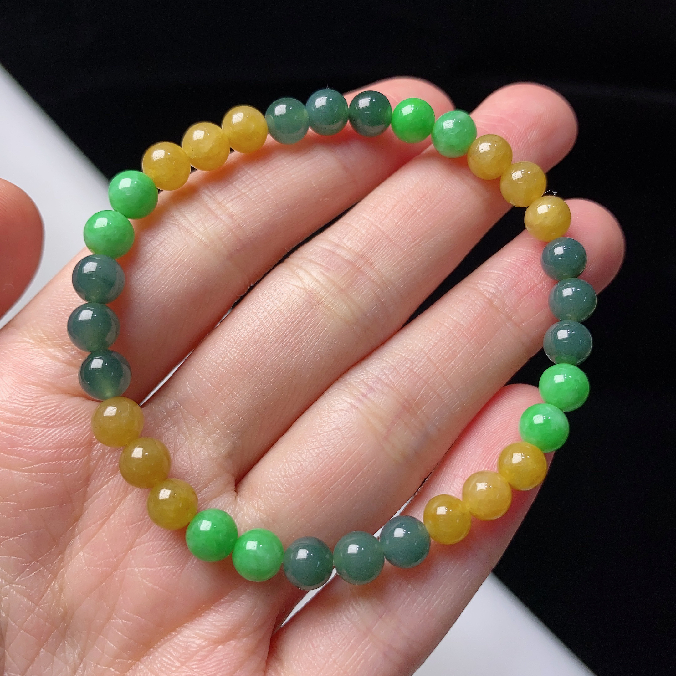 缅甸天然a货翡翠冰润多宝三彩手链卡5.8mm彩色珠珠