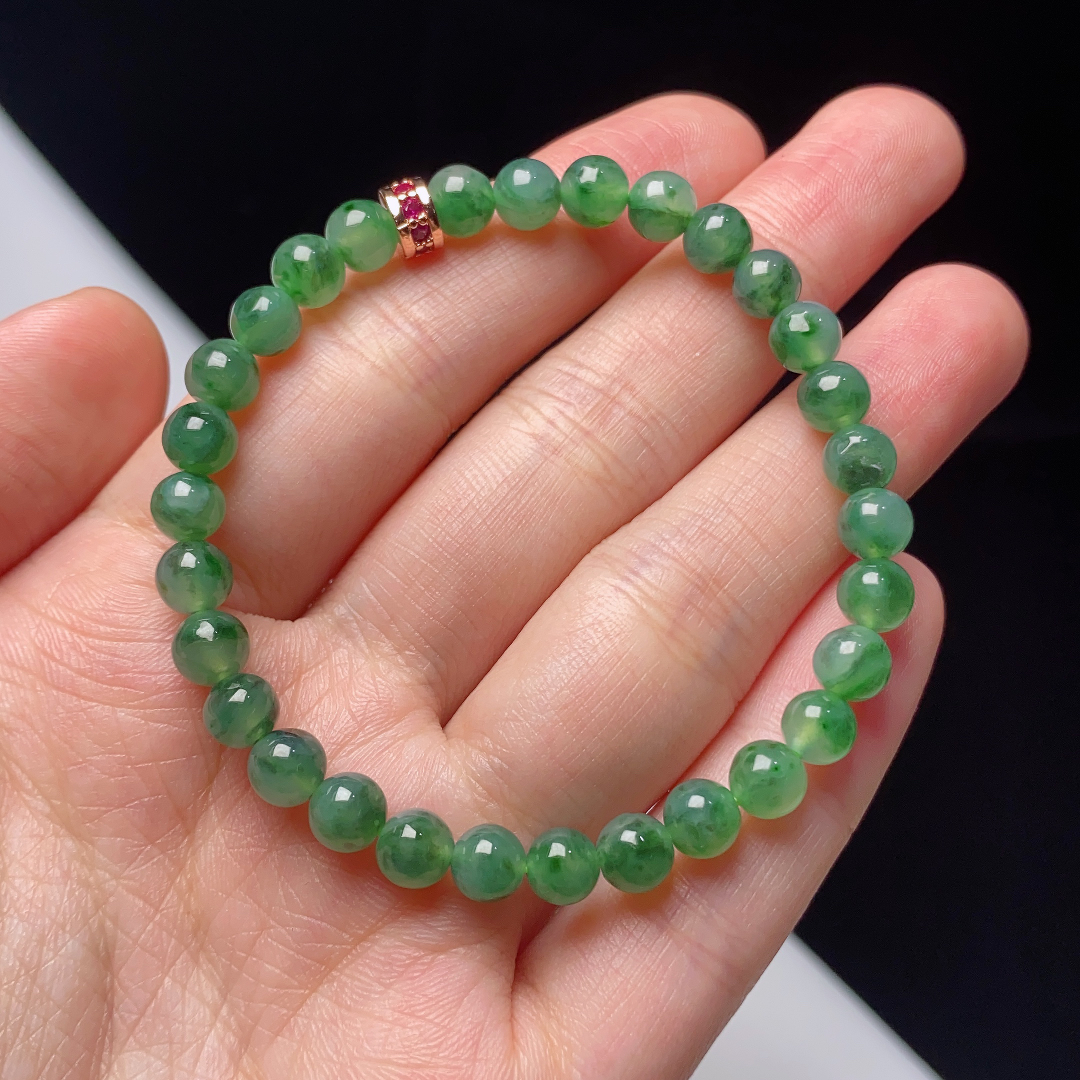 缅甸天然翡翠A货冰种飘花飘绿圆珠手链卡5.8mm