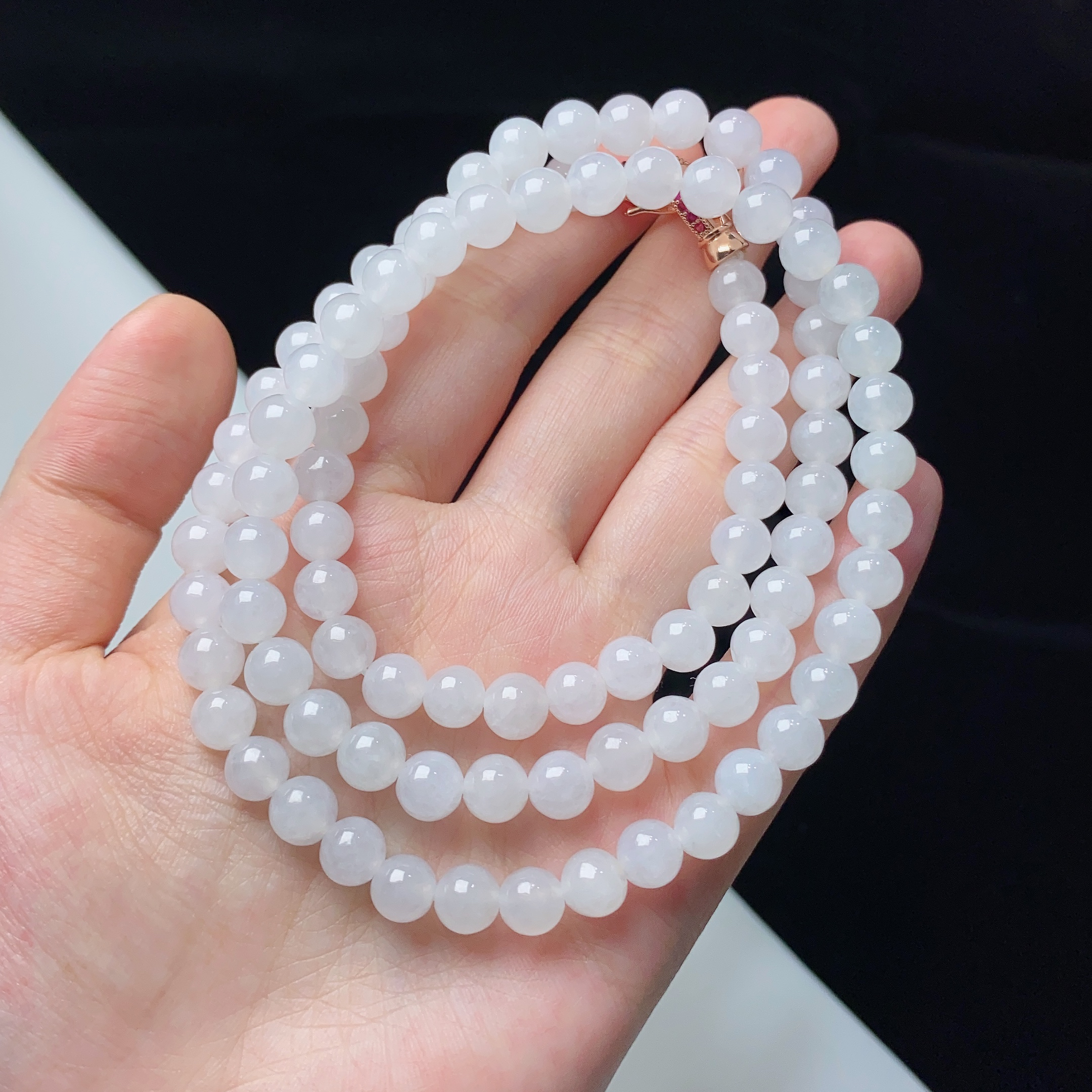 缅甸天然a货翡翠白月光珠链项链卡7mm冰透素款妈妈女士