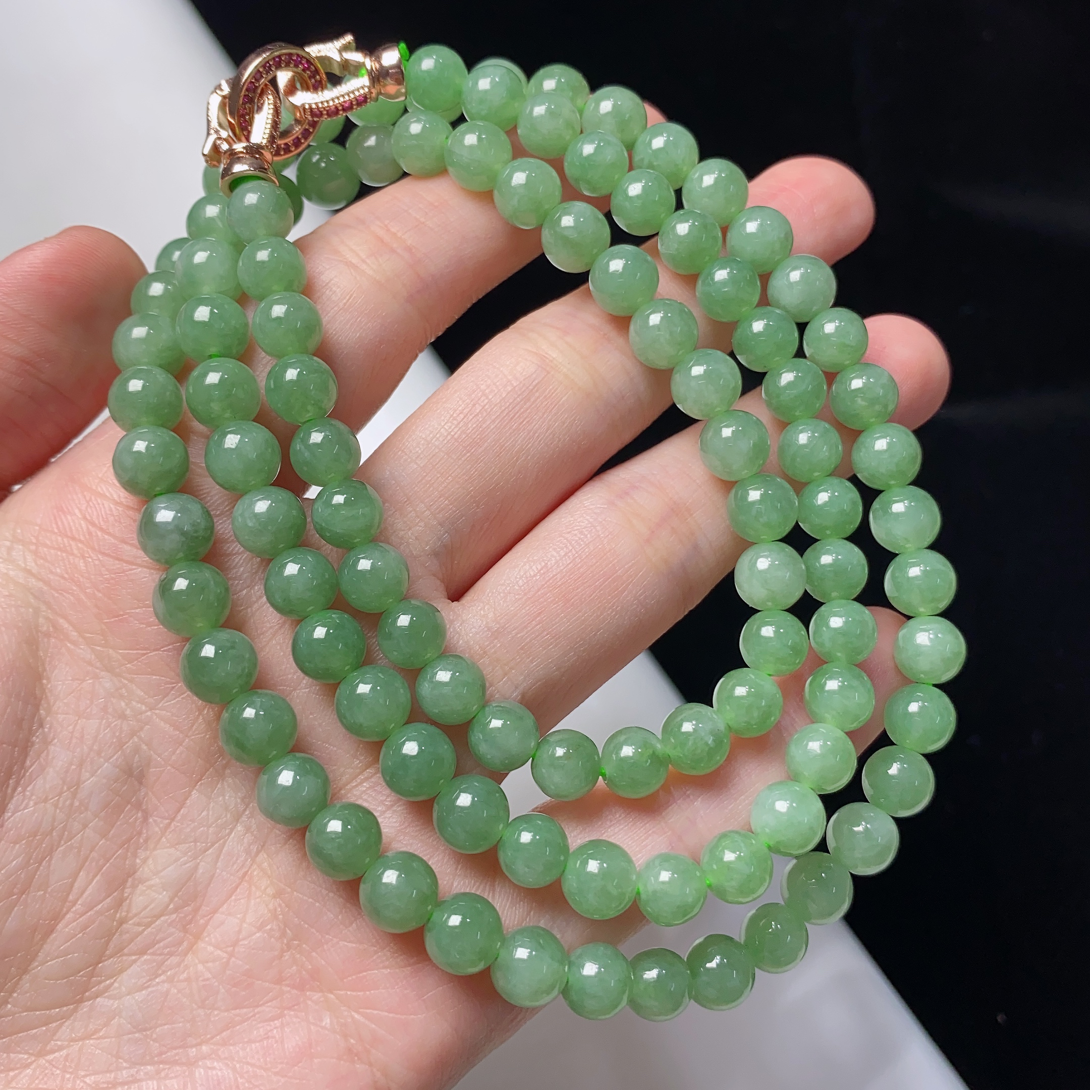 缅甸天然翡翠A货冰润果绿圆珠项链卡7mm绿色长链