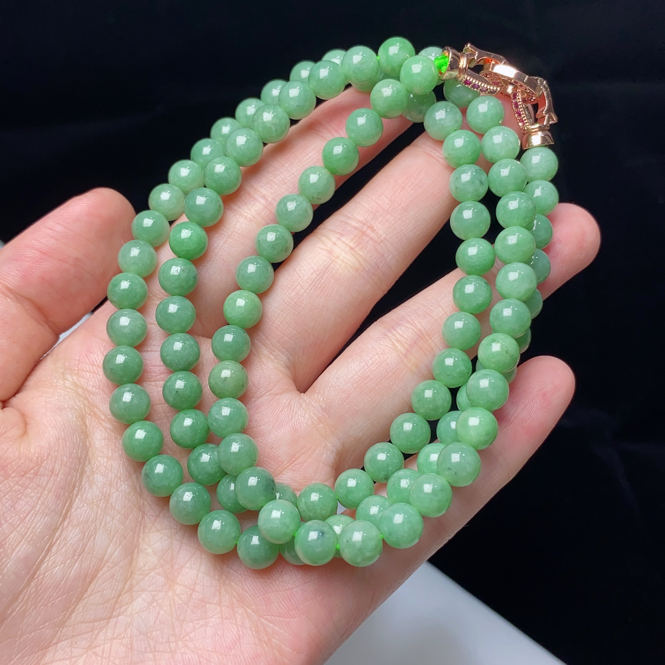 缅甸天然翡翠A货果绿手链项链卡6.8mm绿色长链