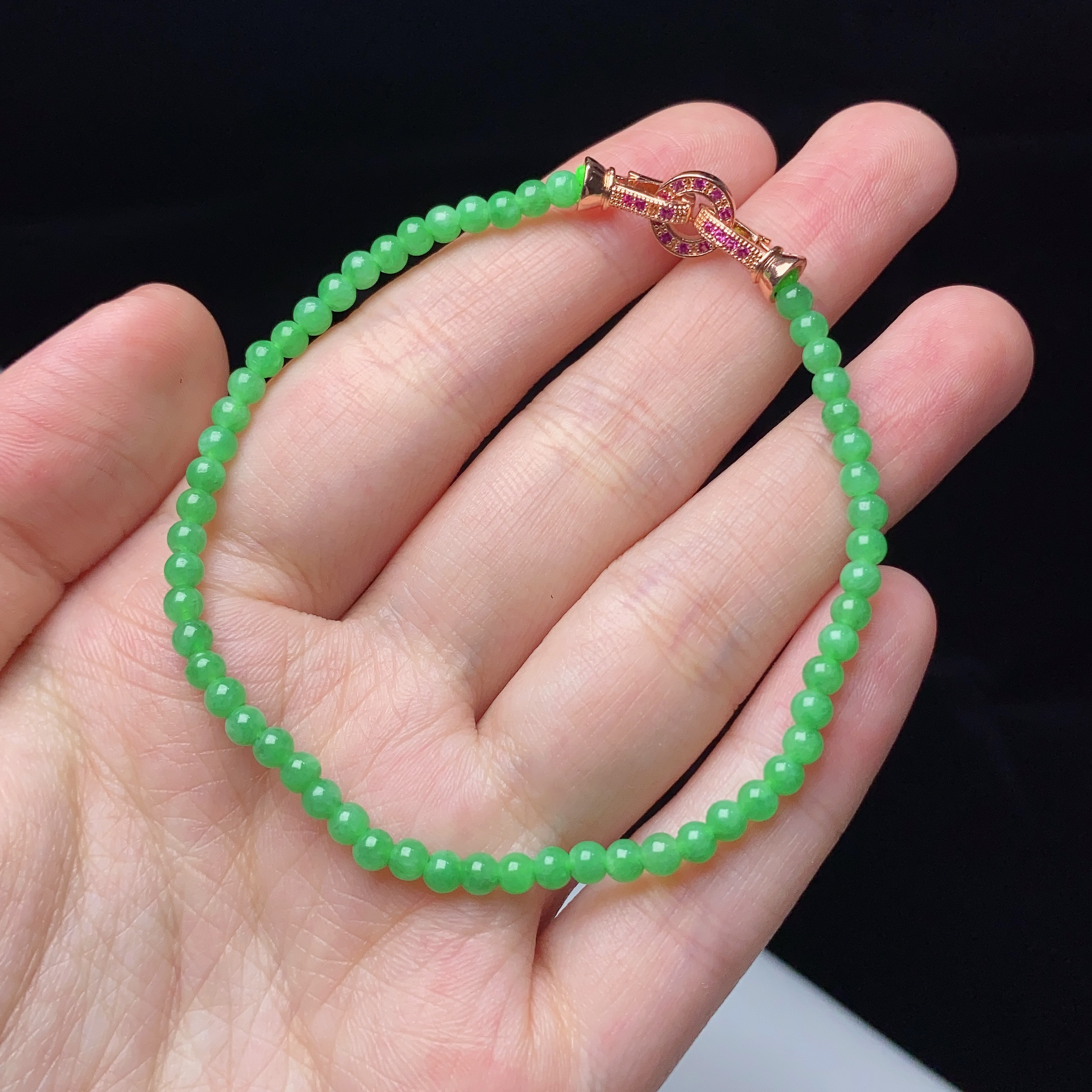 缅甸天然翡翠a货正阳绿小米珠手链卡3.5mm绿色单圈