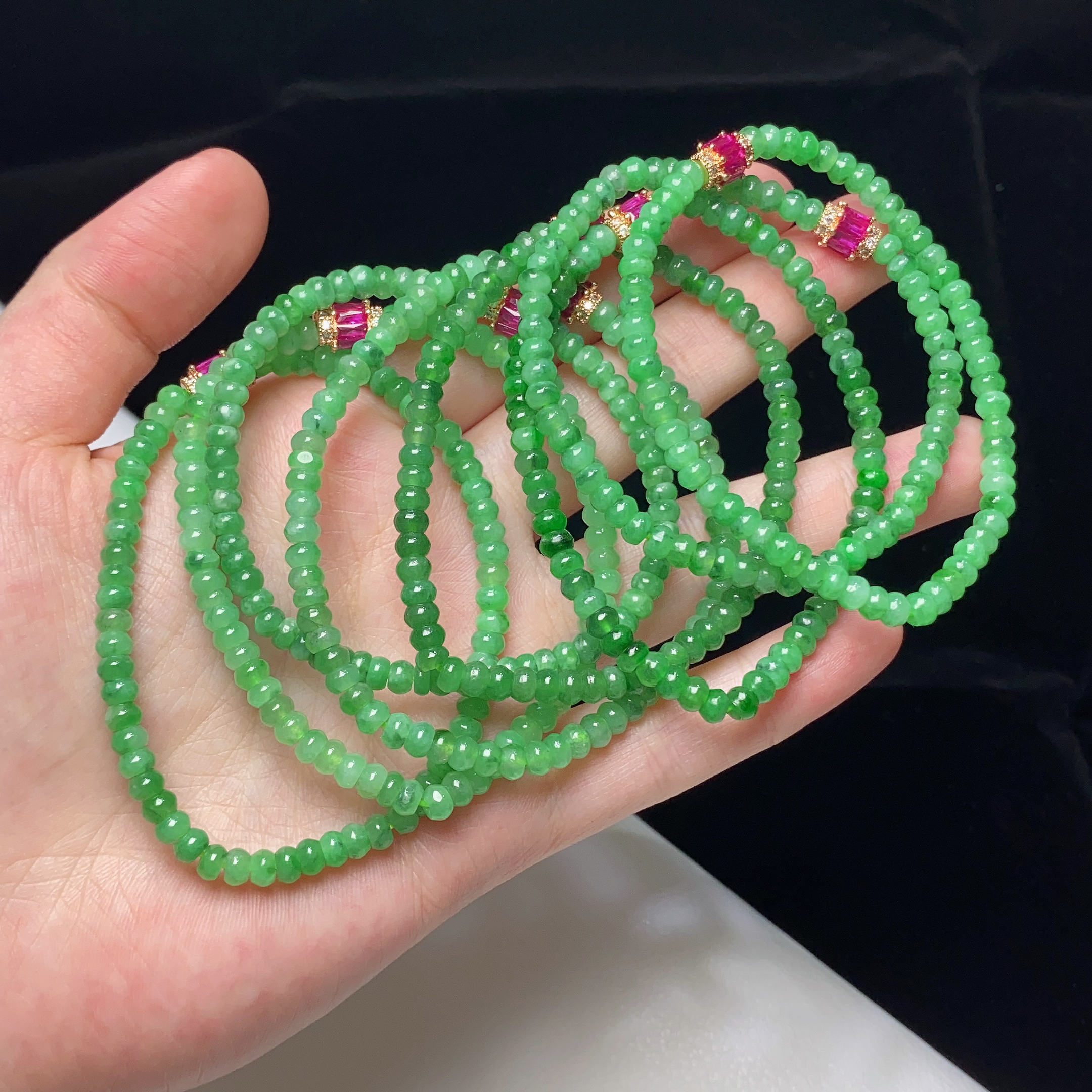 缅甸天然翡翠A货冰种满绿算盘珠手链卡4mm（多样性发其一）绿色简约