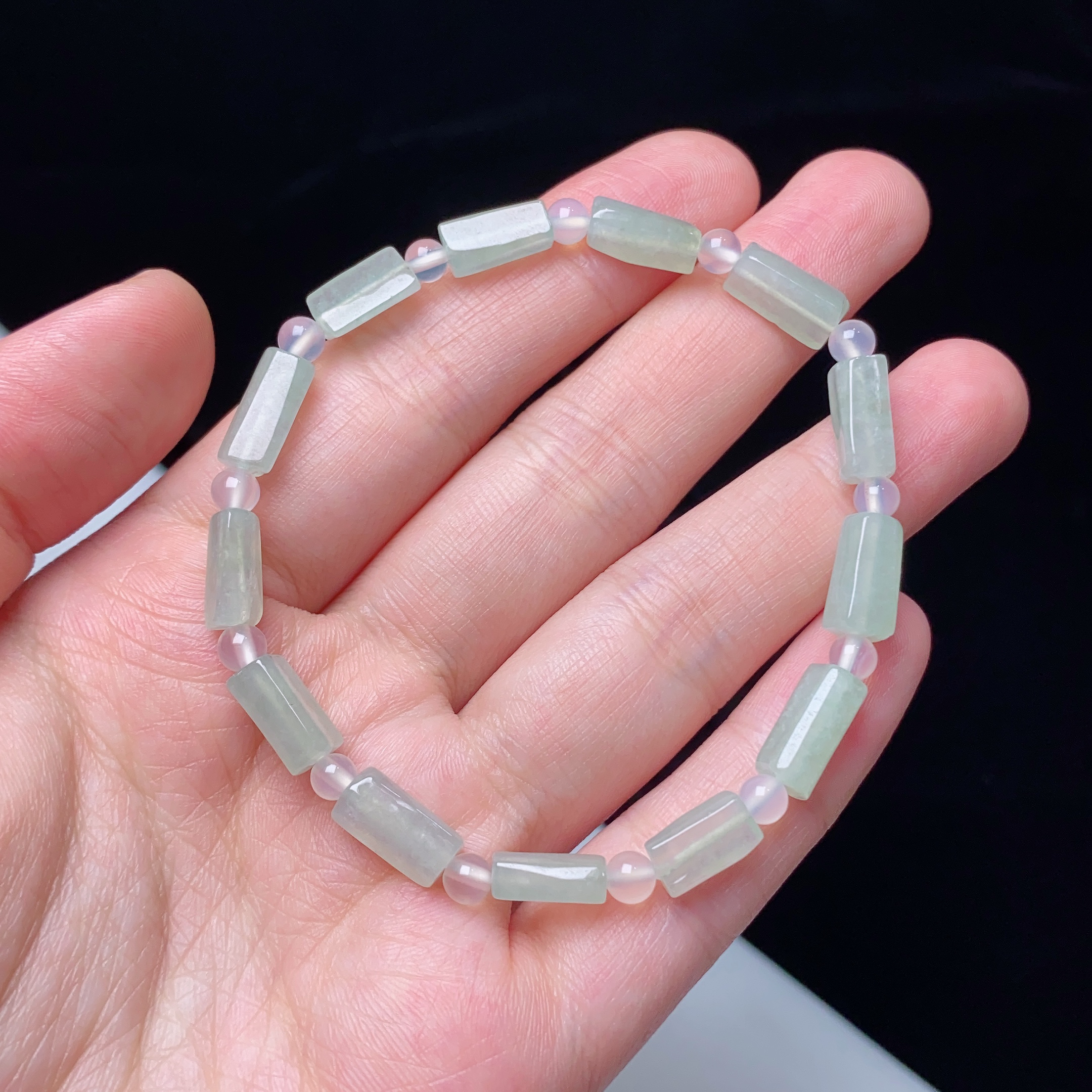 缅甸天然翡翠A货冰种淡绿套装手链卡4mm时尚简约