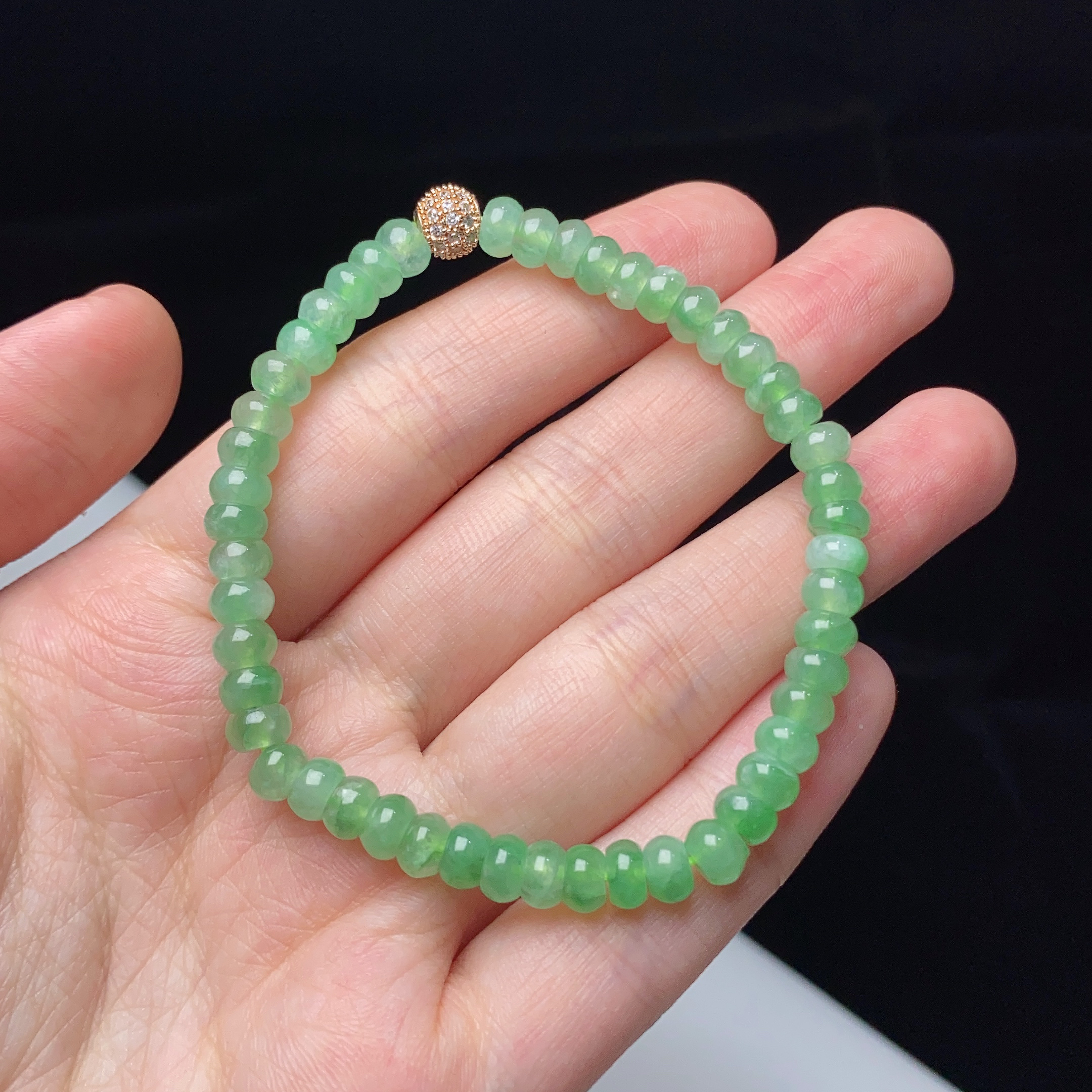 缅甸天然翡翠A货果绿晴水算盘珠手链卡5mm绿色单圈