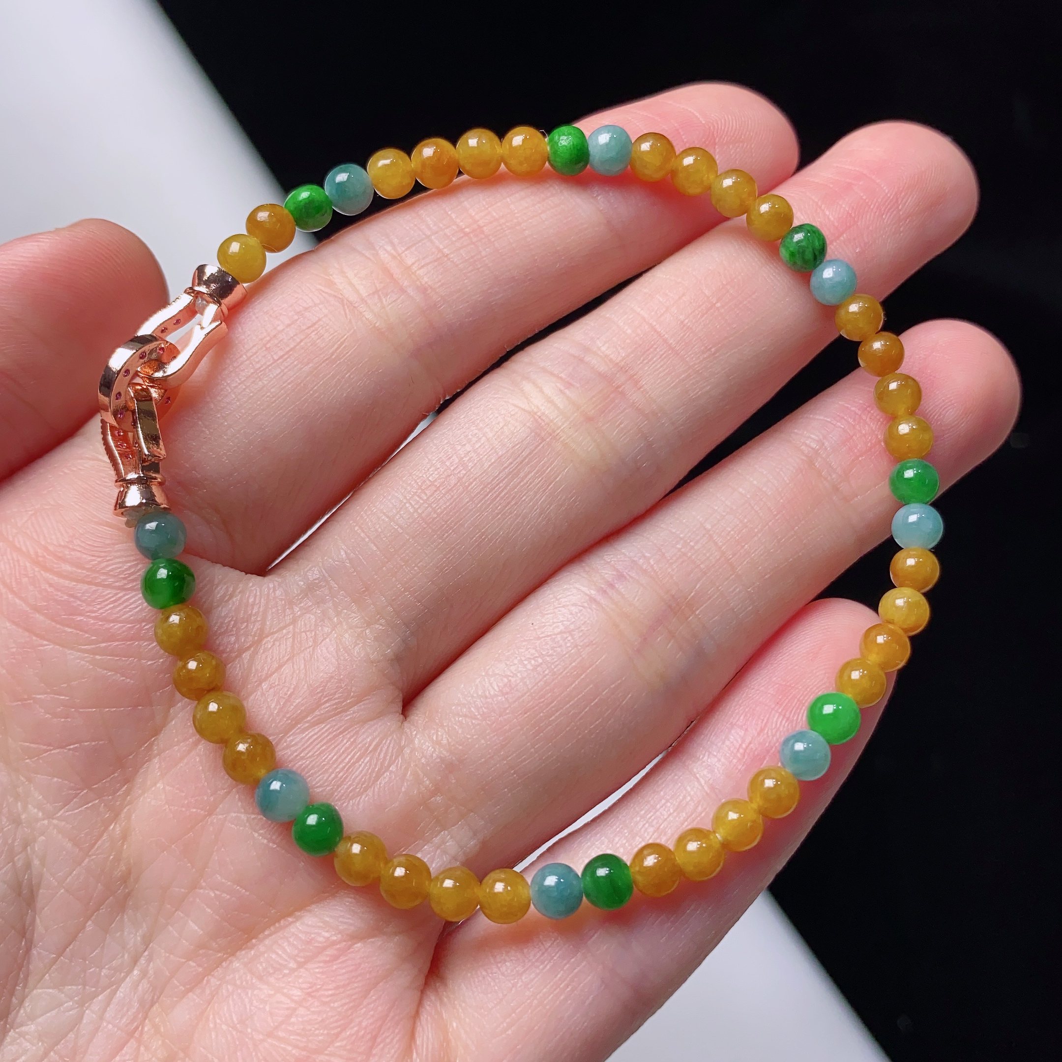 缅甸天然翡翠A货黄翡小米珠手链卡4mm百搭彩色