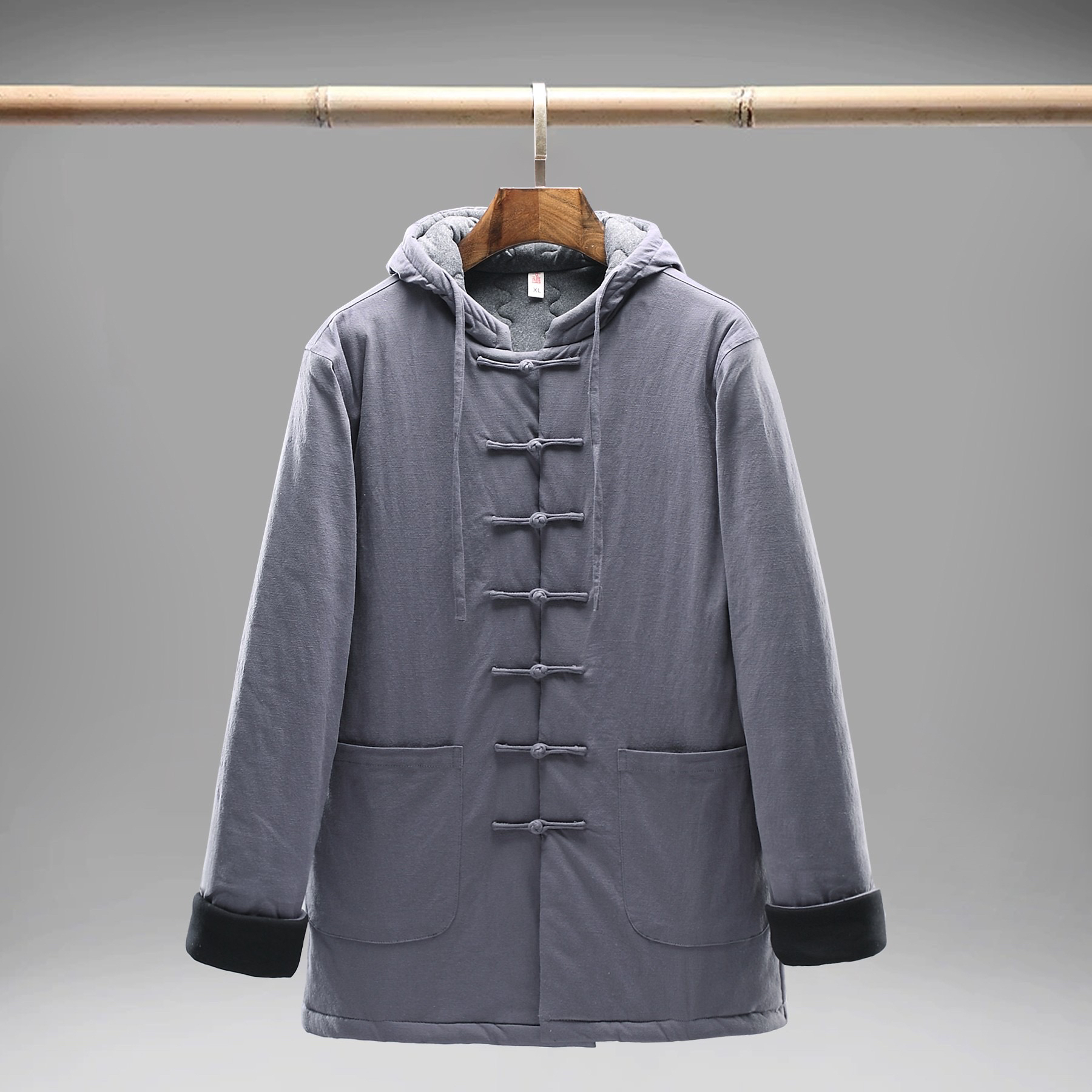 中国风冬季新款208弹力棉保暖加厚连帽棉袄中式长盘扣男士外套