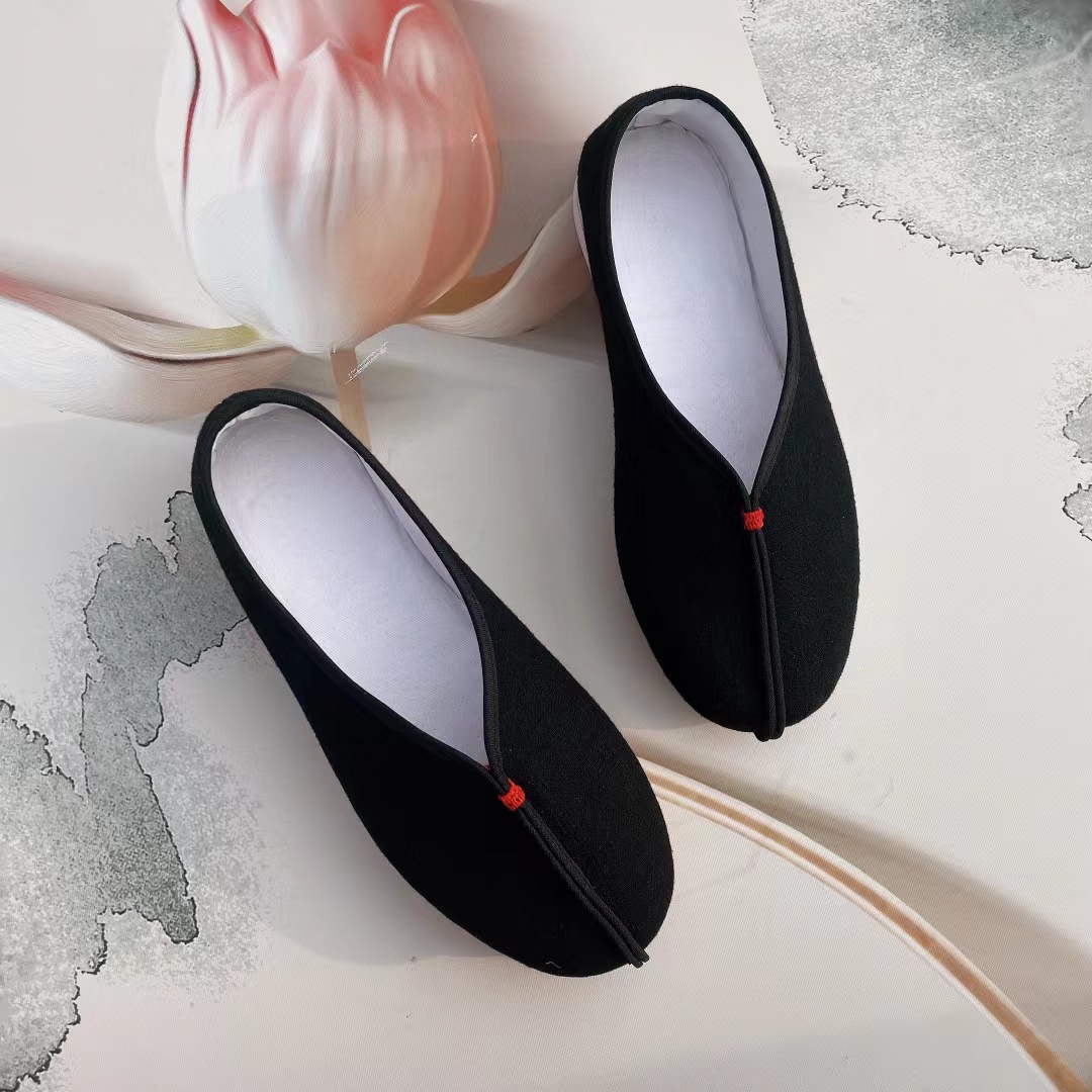 蒙鲤中国风手纳千层底红点传统布鞋中老年老北京布鞋黑色圆口休闲