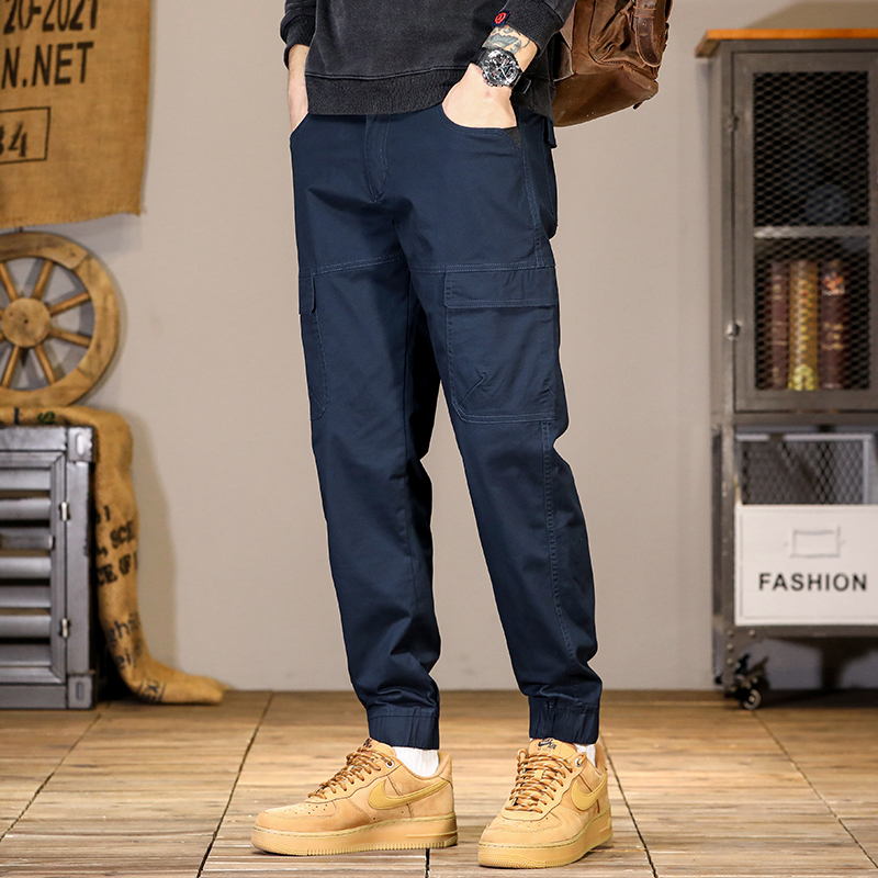 春秋款休闲裤男直筒宽松束脚美式工装裤百搭多口袋帅气长裤大码