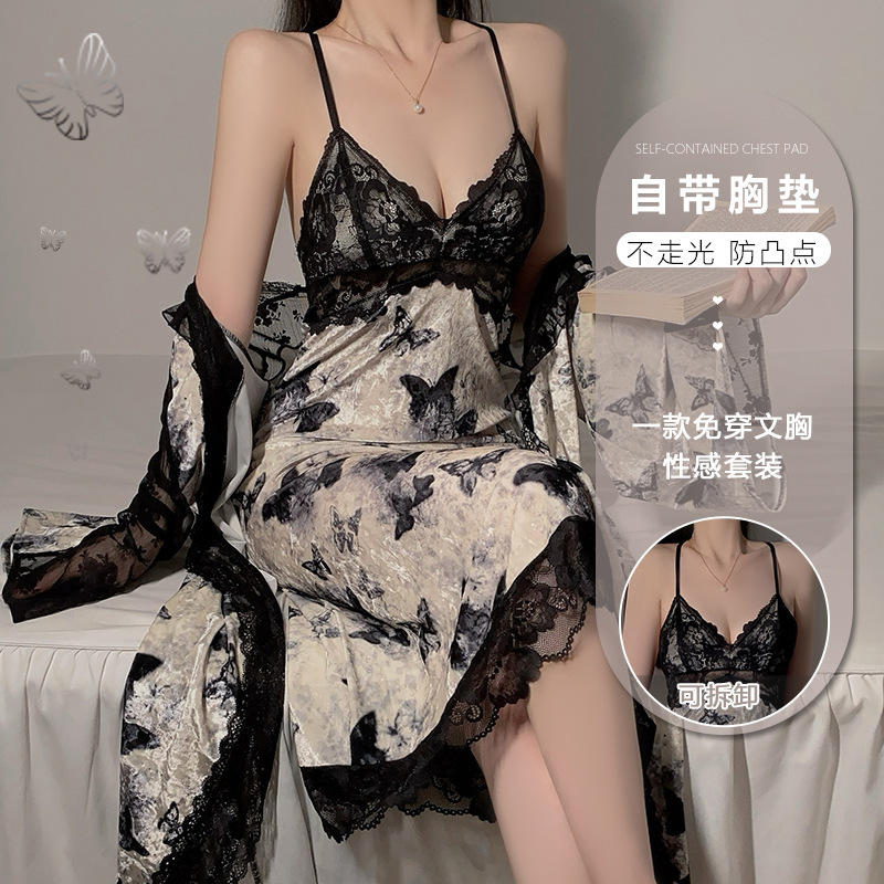 【琉璃凤蝶】纯欲古风蝴蝶印花加胸垫吊带睡裙外袍家居服套装4827