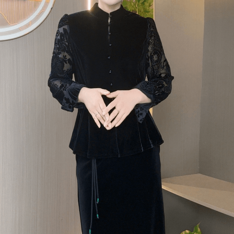新款定制丝绒烧花袖子新中式国风拼接显瘦气质上衣