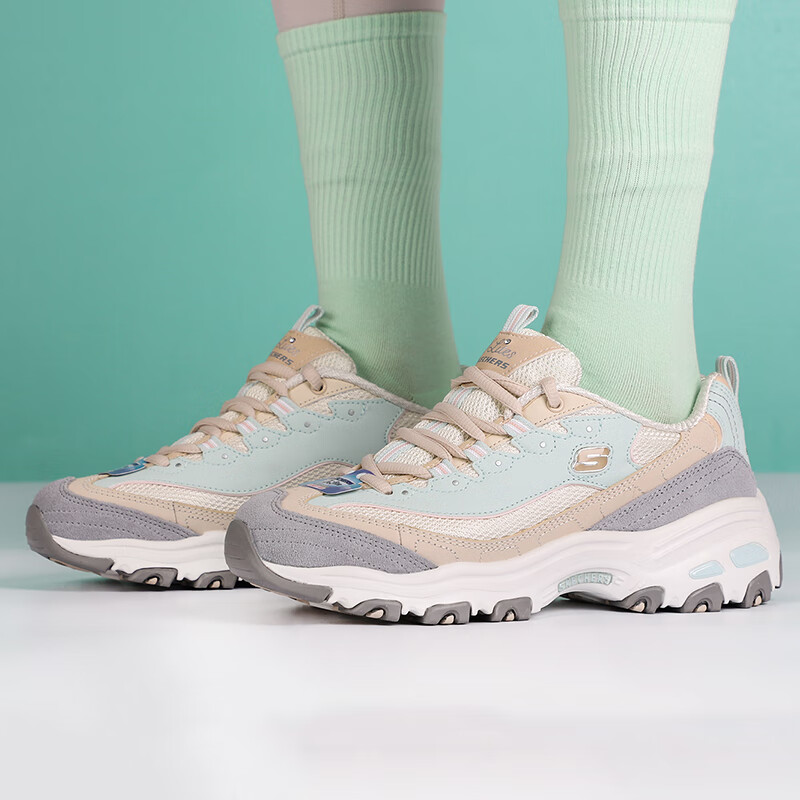 斯凯奇赵露思同款轻便拼色奶茶熊舒适增高百搭女士单鞋老爹鞋  