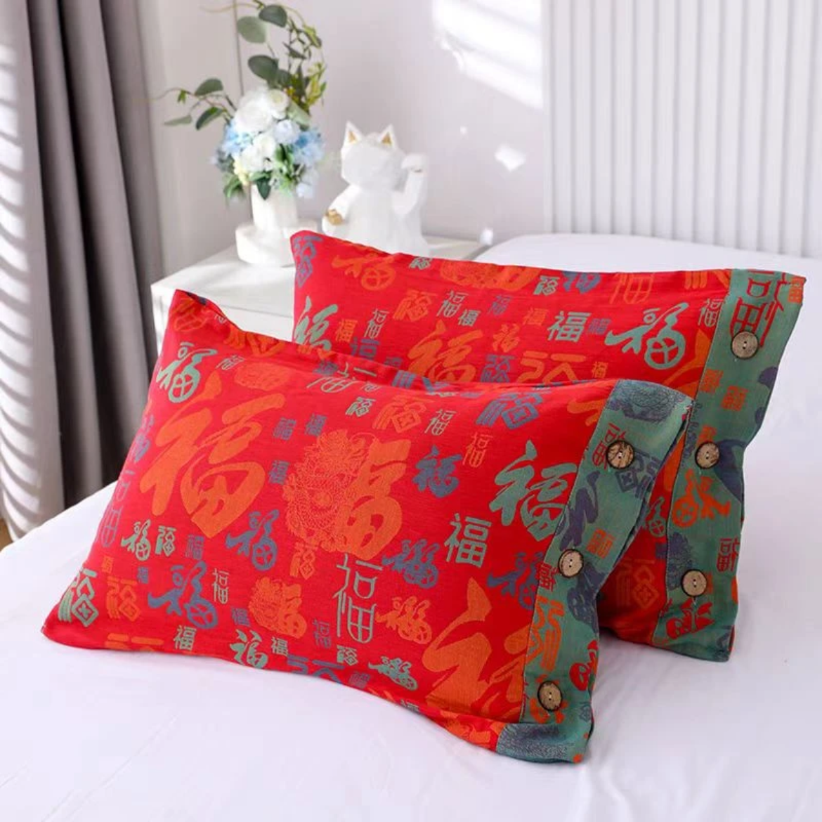【百福】枕套纯棉双层纱布喜庆红一对装全棉可水洗A类有氧纱枕套