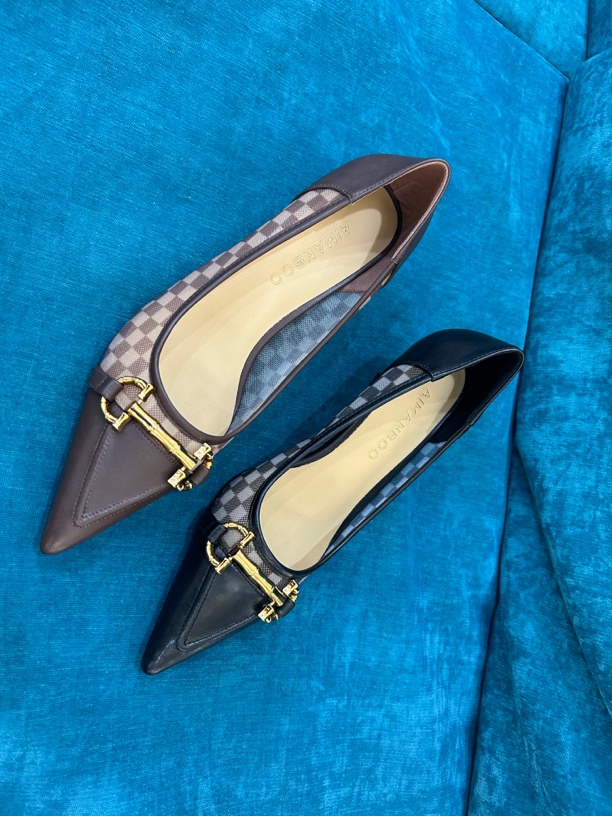 漫步佳人女鞋气质时尚细跟尖头牛皮百搭中跟真皮