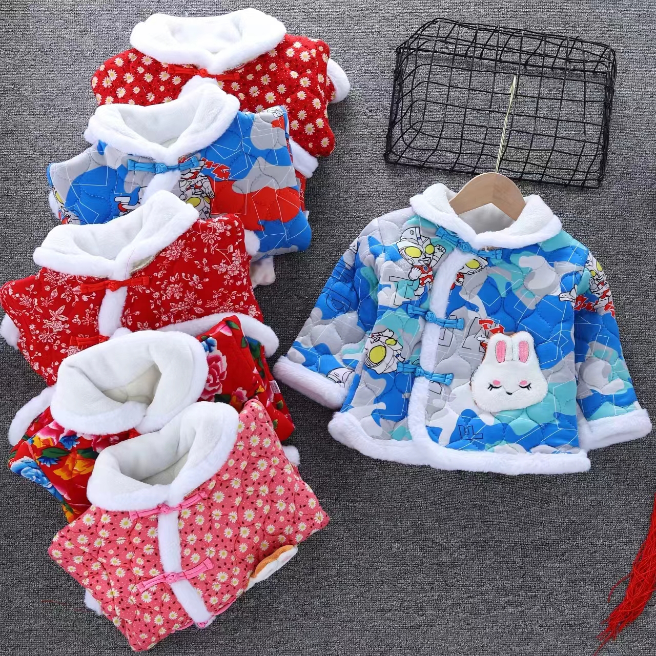 2023儿童东北大花棉袄冬季宝宝套装拜年服加绒加厚男女童过年新款