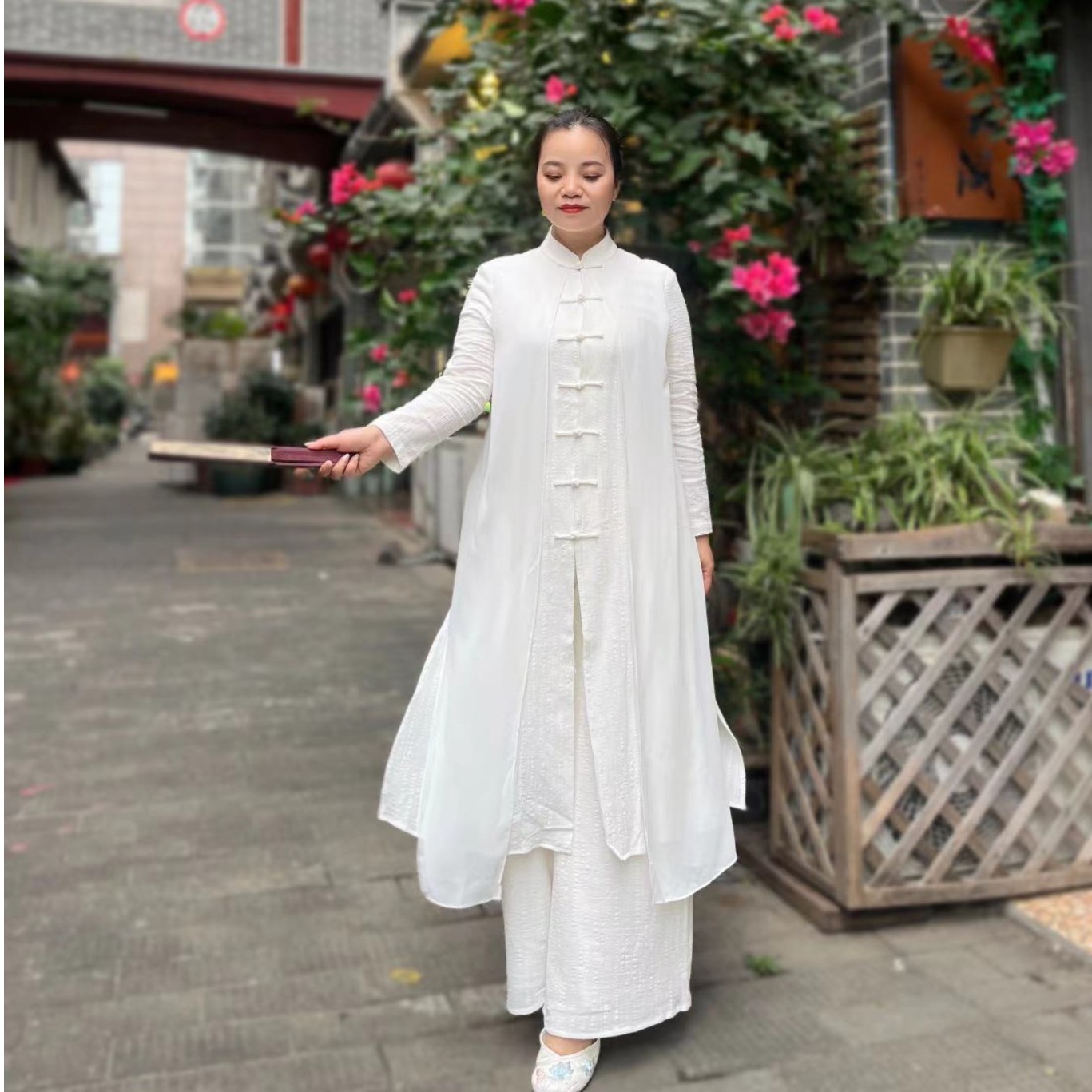 禅意宽松练功白色中式夏季休闲中国风中长款太极禅服套装花倾尘