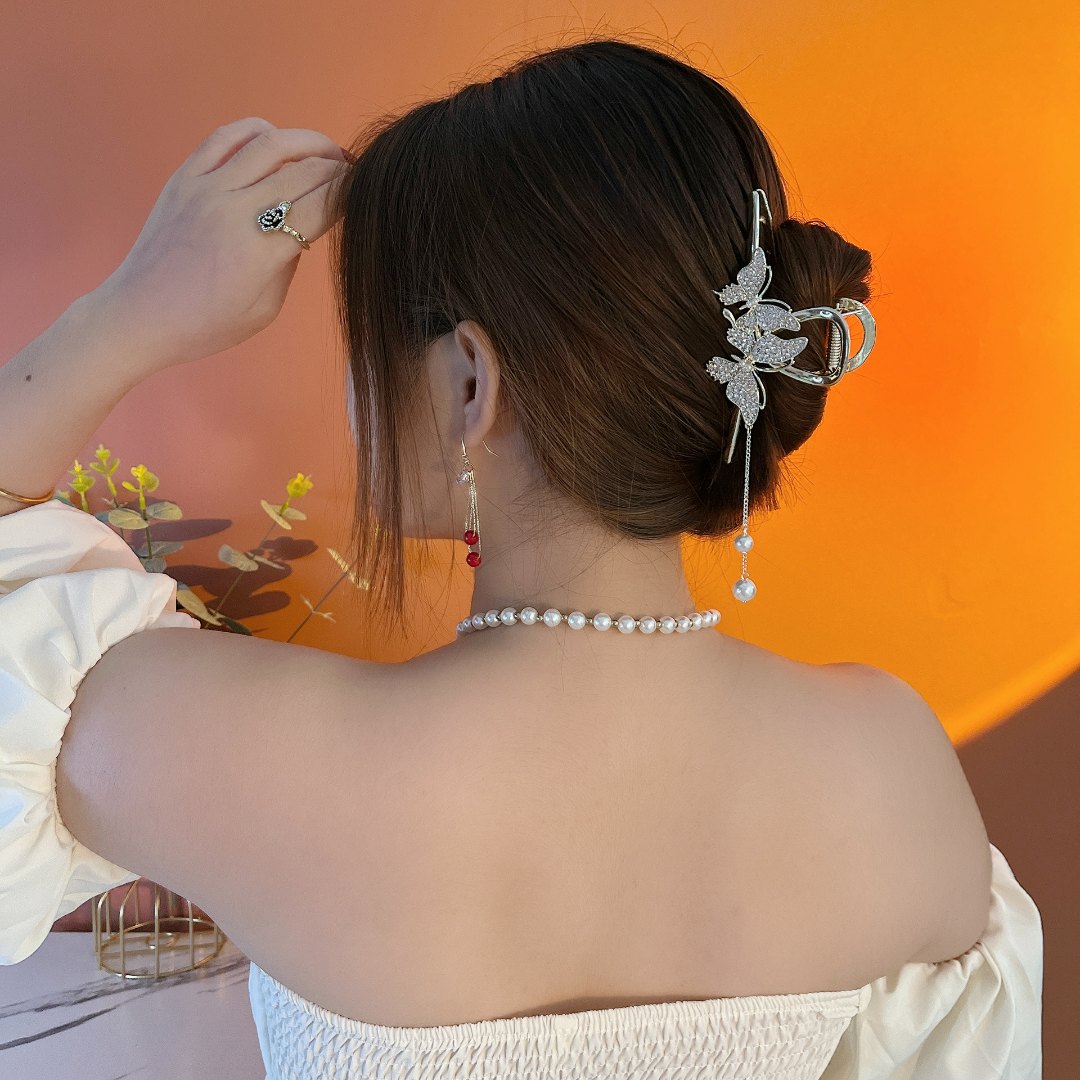高级感设计款双蝴蝶发卡网红流苏抓夹气质后脑勺ins发饰半扎女