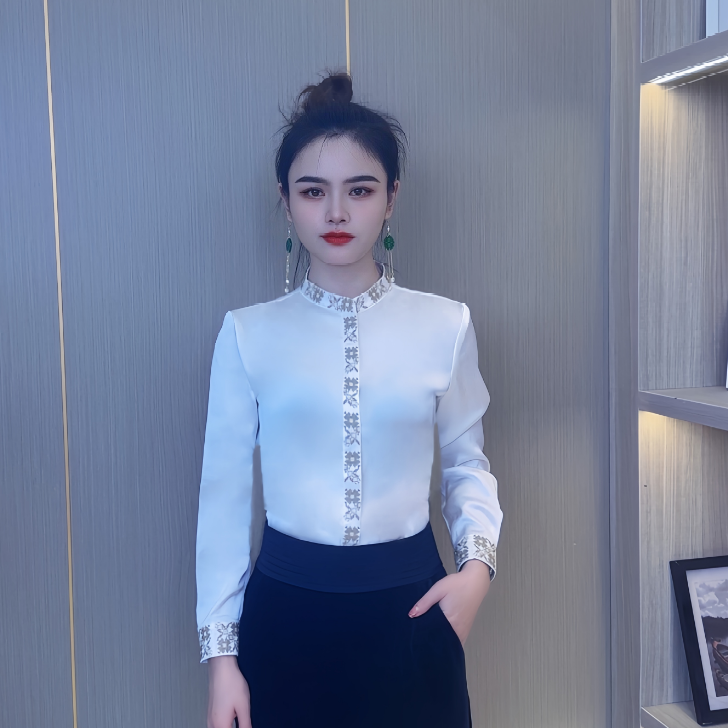 马姑娘专属-25162秋季新款荔枝纹国风圆领衬衫