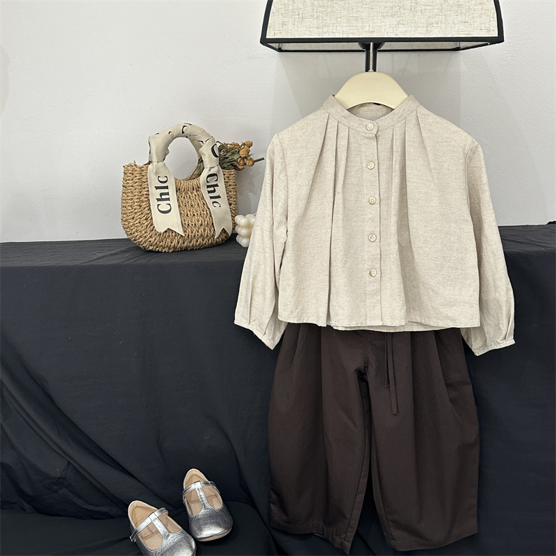 现货【优雅弧度】女童亚麻长袖衬衫春秋儿童设计感小众立领衬LQ232