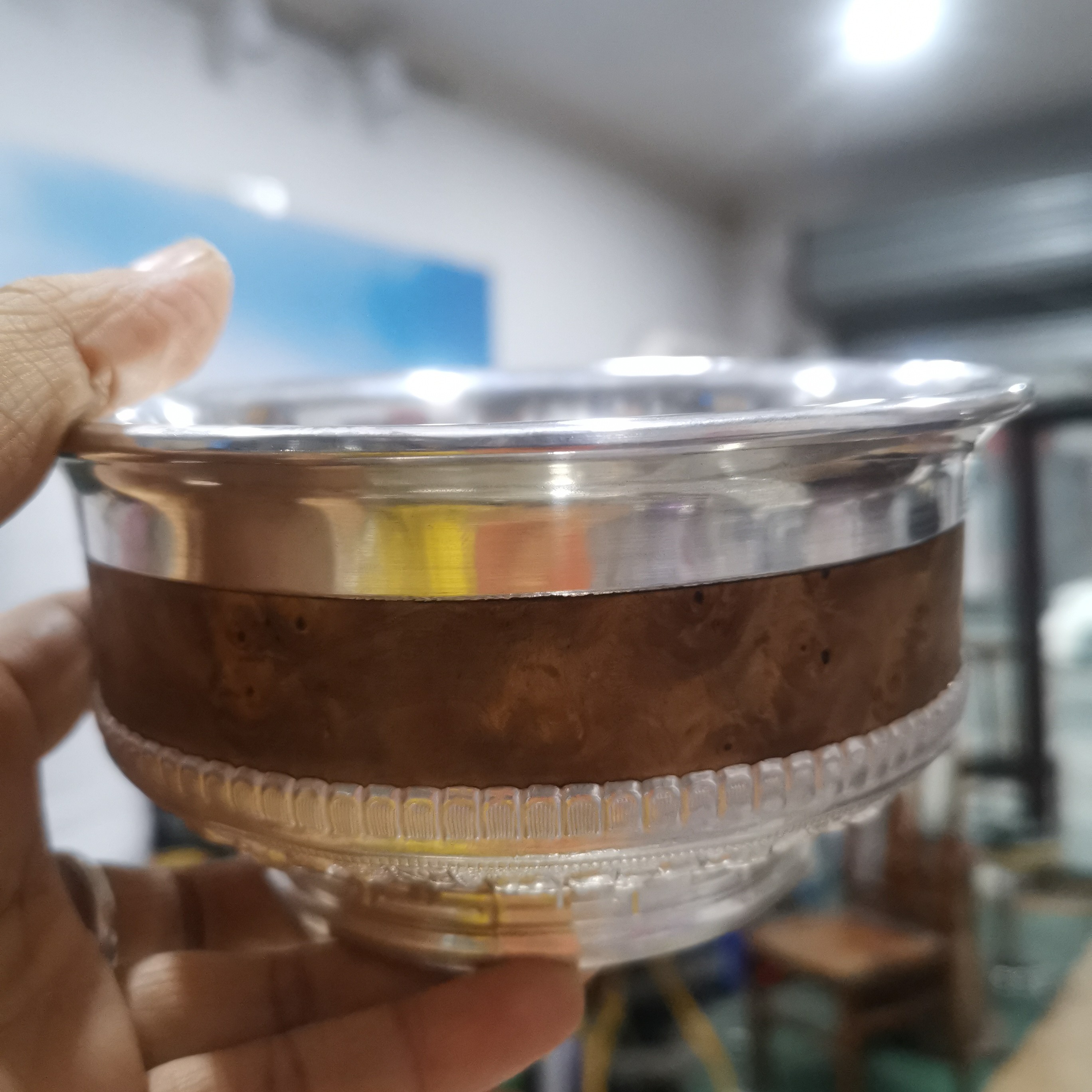 足银木质银制品 足银根木银碗直径约15厘米镶嵌手工银水杯银碗