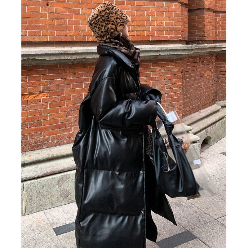 皮立领棉服女秋冬季新款韩版宽松港风中长款亮面棉衣外套G19316