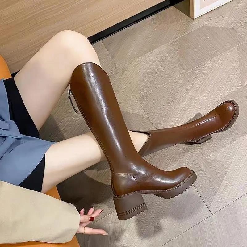 红蜻蜓牌粗跟高跟长靴女2023秋冬新款显瘦口骑士靴小个子厚底高
