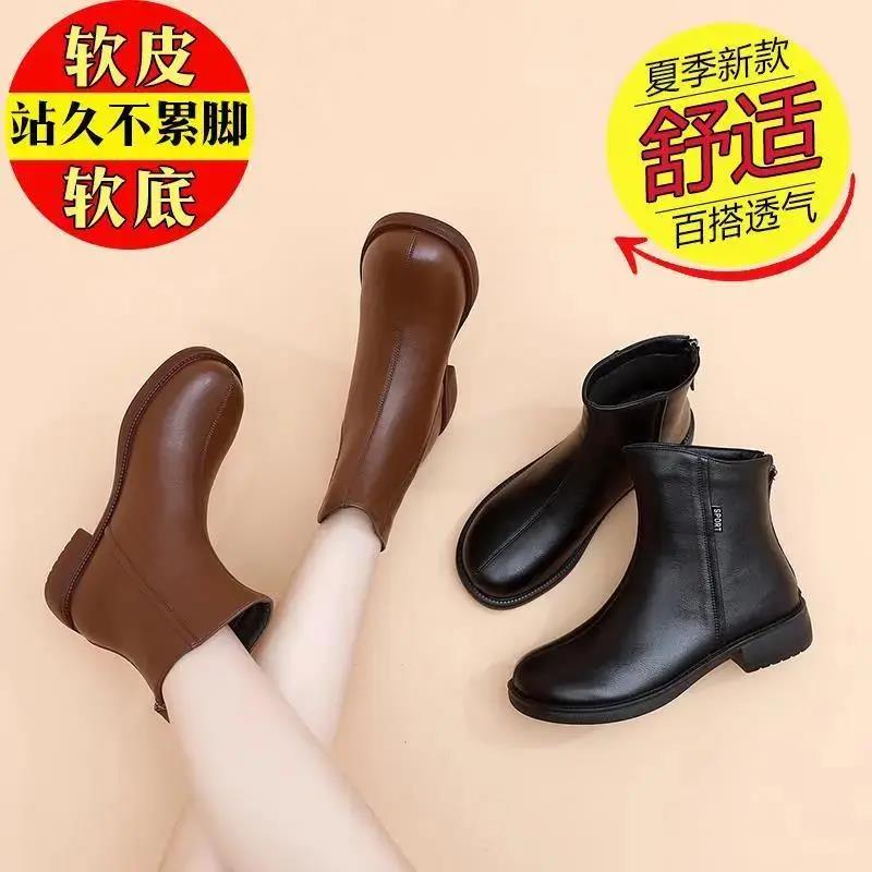红蜻蜓牌头层牛皮平底靴子新款秋冬季真皮女靴全牛皮软底加绒棉