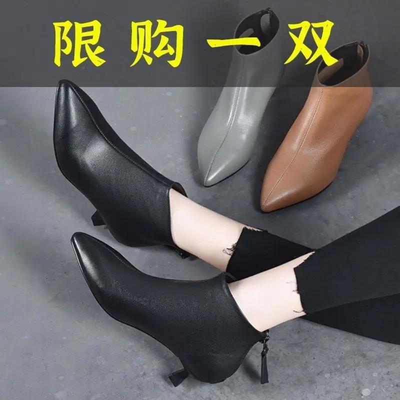 红蜻蜓牌（拍3公分及踝靴宋2023新款单鞋）头层牛皮尖头软皮猫