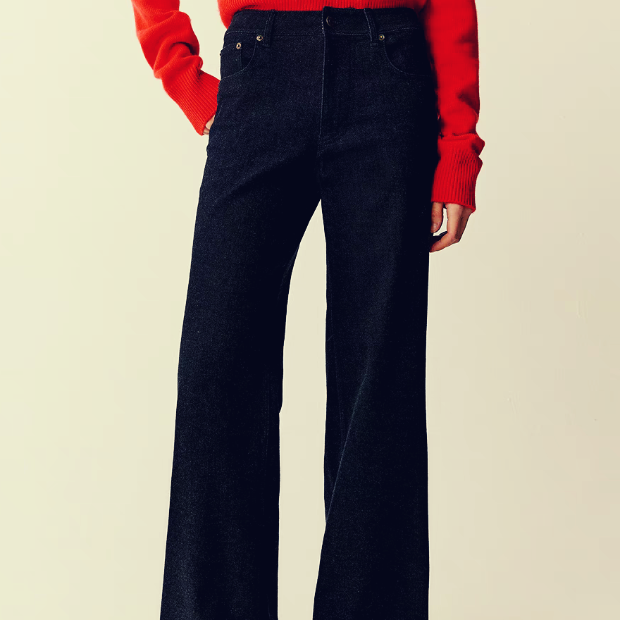 XY810【土壤牛仔】禾女装2024新款超弹牛仔加绒加厚阔腿裤