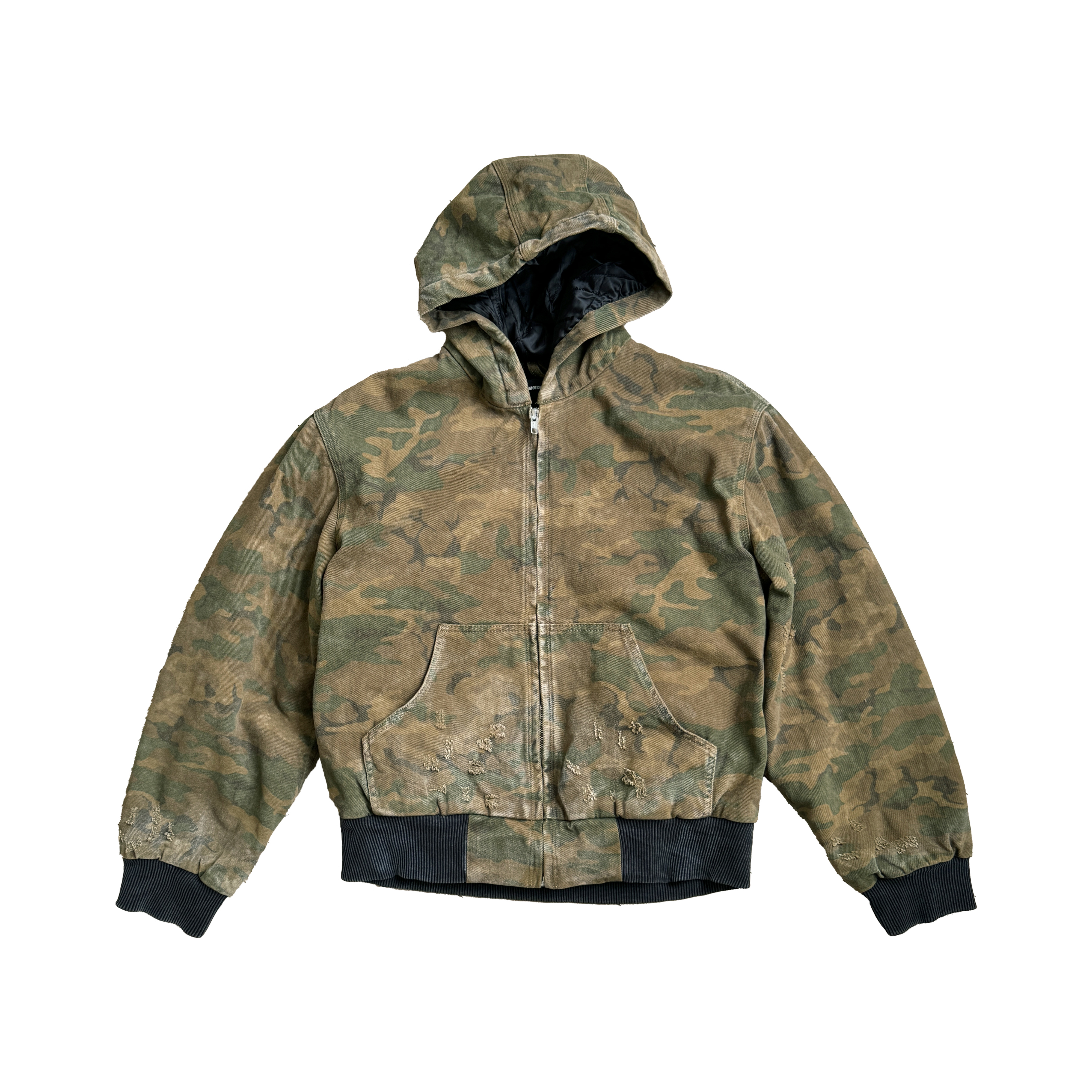 haonanhuang 复古水洗做旧底特律J130黄绿迷彩连帽夹克棉服外套