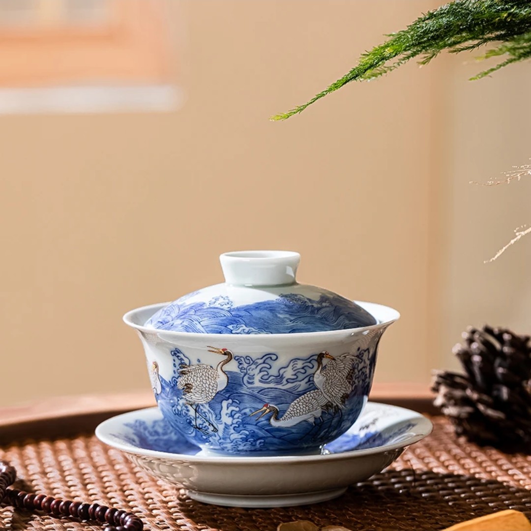 景德镇陶瓷手工手作青花斗彩仙鹤踏浪陶瓷三才盖碗