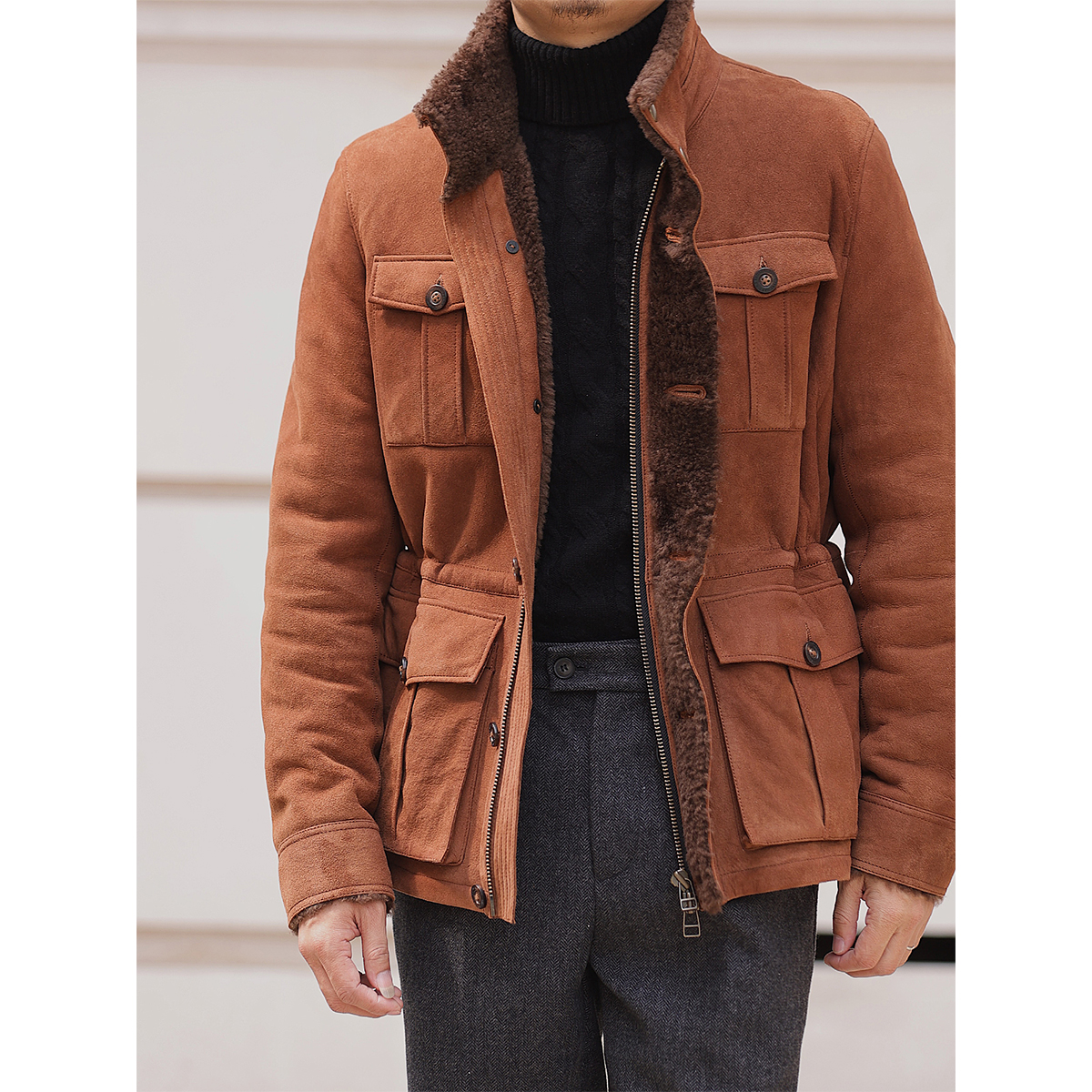 WEEJI维吉 高奢“西班牙 美利奴” 皮毛一体猎装夹克 立领真皮外套