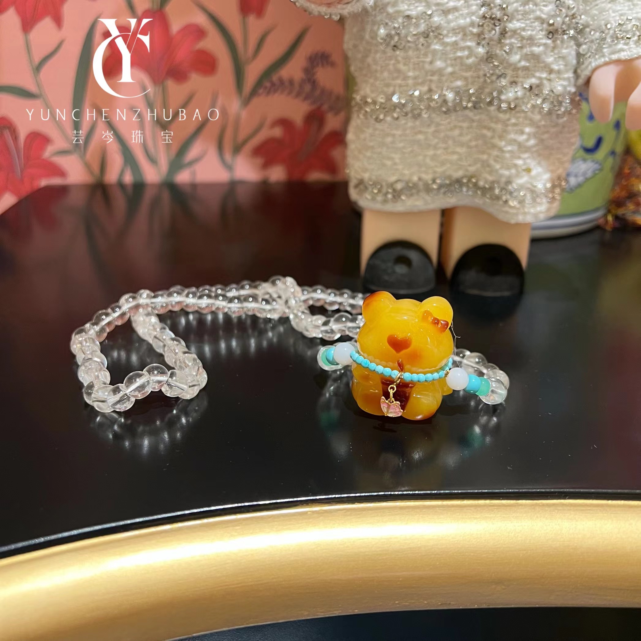 水晶蜜蜡小熊18k金项链