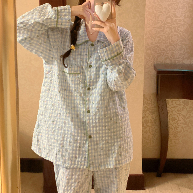 韩版2024年新款睡衣女春秋款长袖长裤碎花格子夏季学生家居服套装