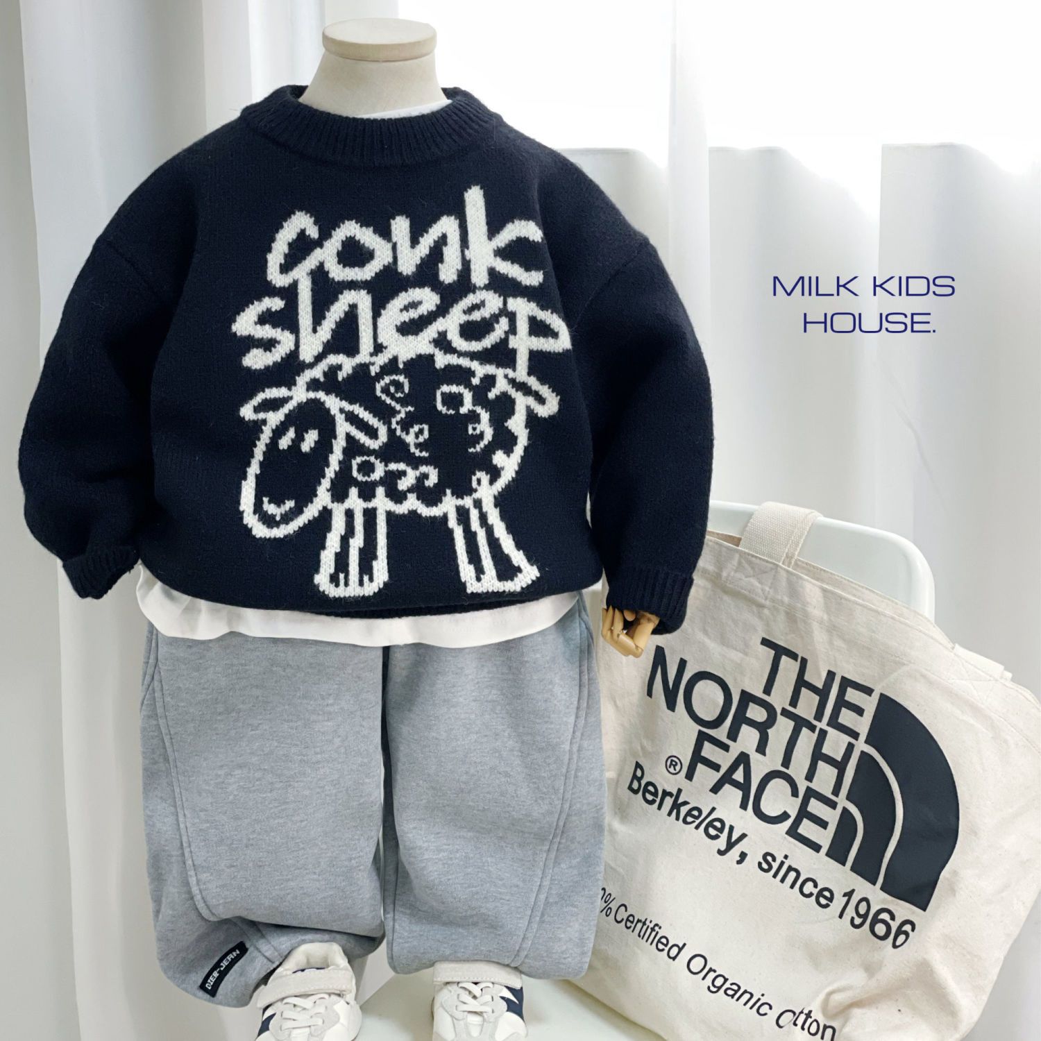 MILK KIDS.男童双股针织加厚酷黑毛衣中小童冬装新款保暖针织衫潮
