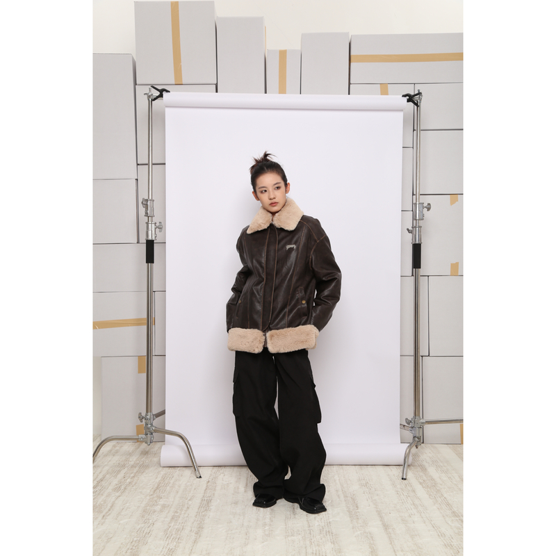 4now official 美拉德复古手工擦色做旧皮衣加棉夹克外套可拆卸毛