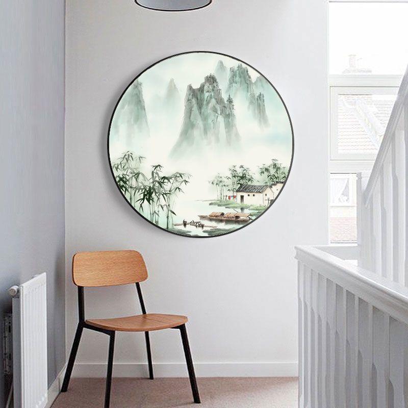 新中式山水风景画圆形玄关装饰画书房茶室客厅走廊茶桌餐厅网红画