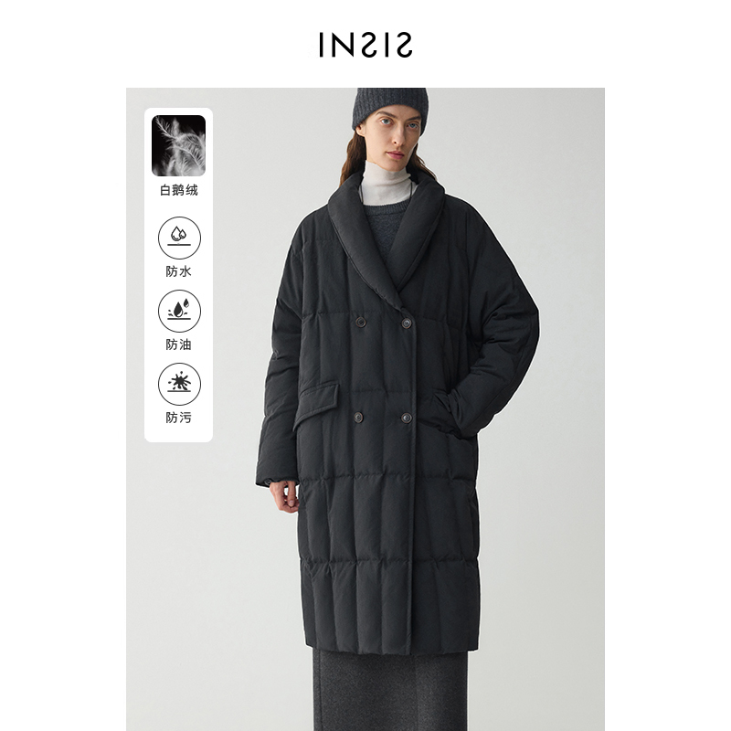 INSISFEMME三防90鹅绒冬季新款贝果领双排扣茧型长款羽绒服女