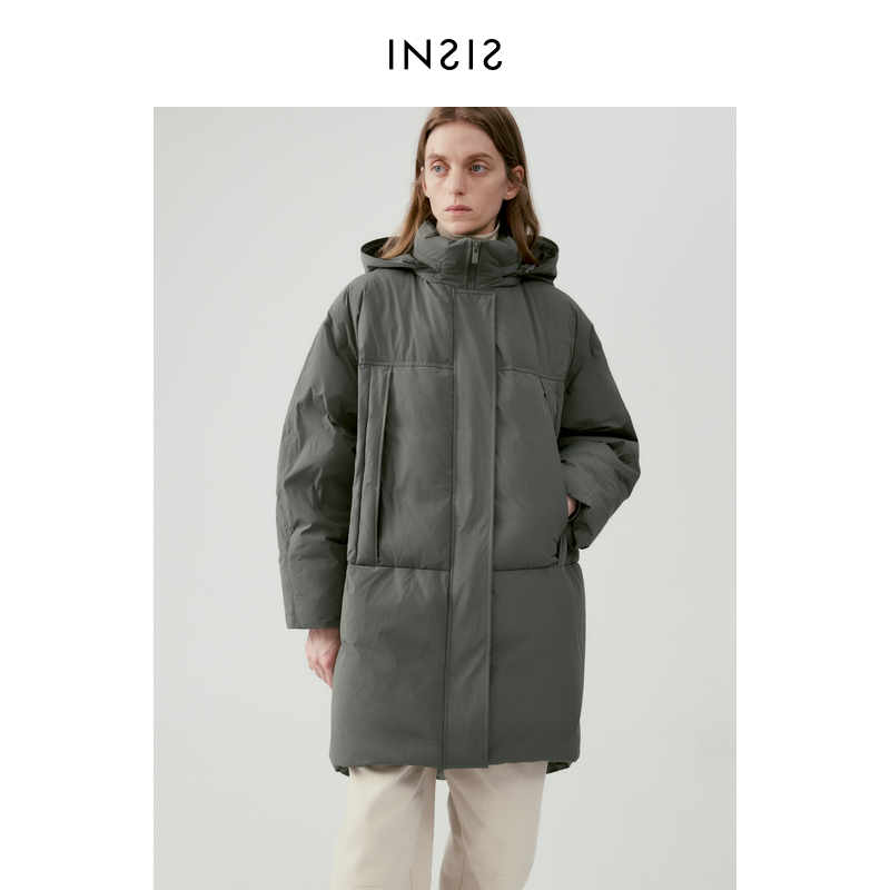 INSISFEMME连帽中长面包服冬季新款茧型鹅绒羽绒服女