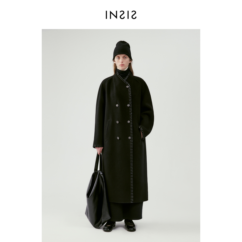 INSISFEMME北欧流光风皮质包边棉羊毛秋季新款双面呢长大衣女