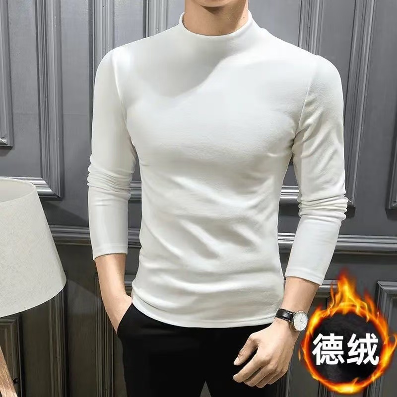 2024夏季新款男士德绒打底衫修身弹力休闲百搭帅气时尚半高领紧身