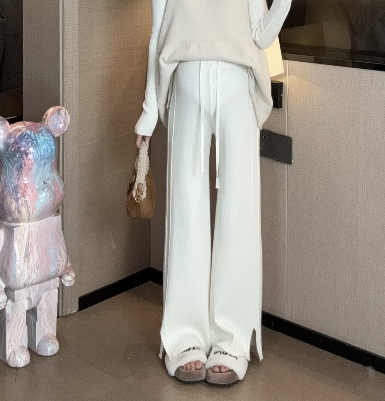 孕妇裤子秋冬季孕期装爆款显腿长百搭针织开叉长裤阔腿